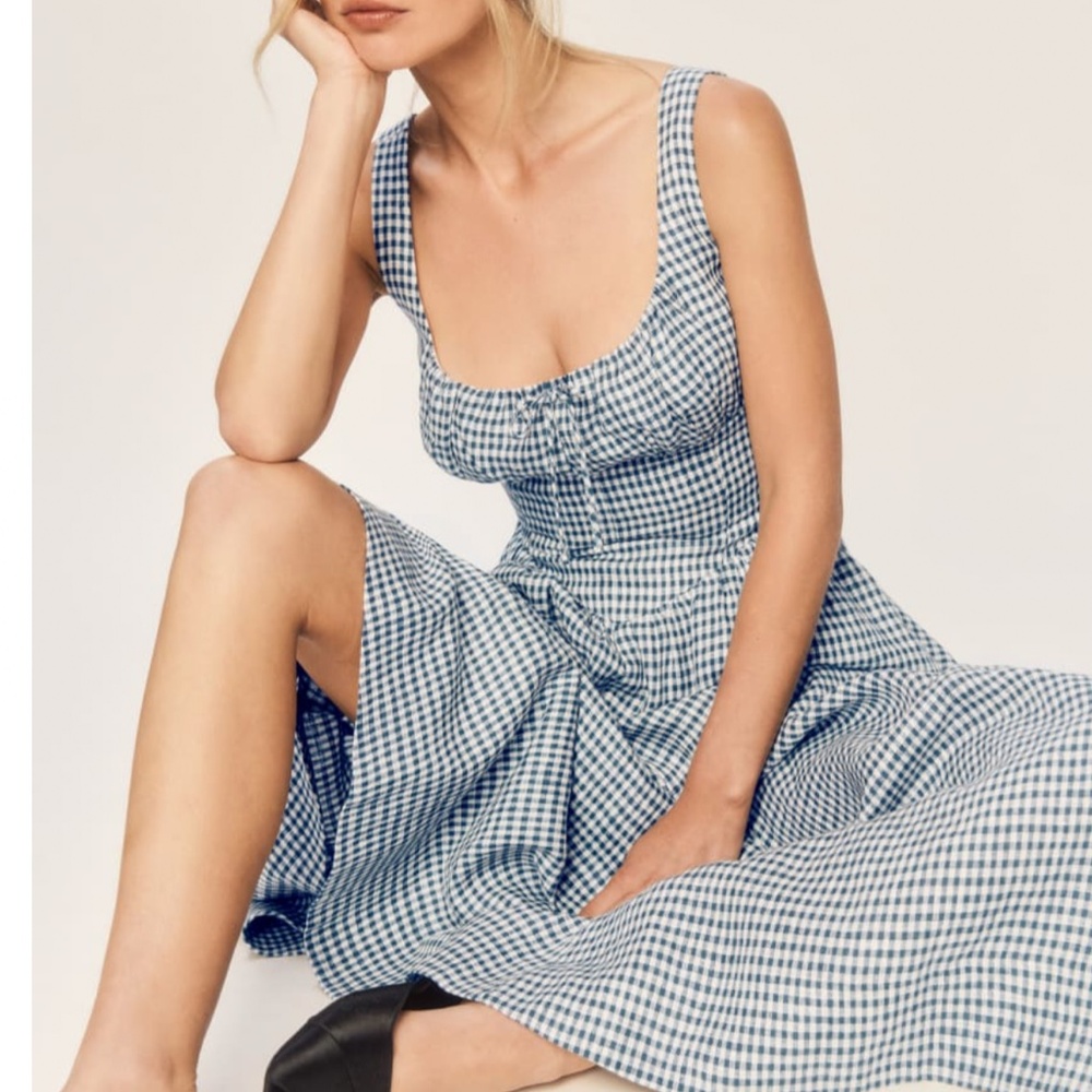 NEW Reformation Balia Linen Midi Dress - Slate Check